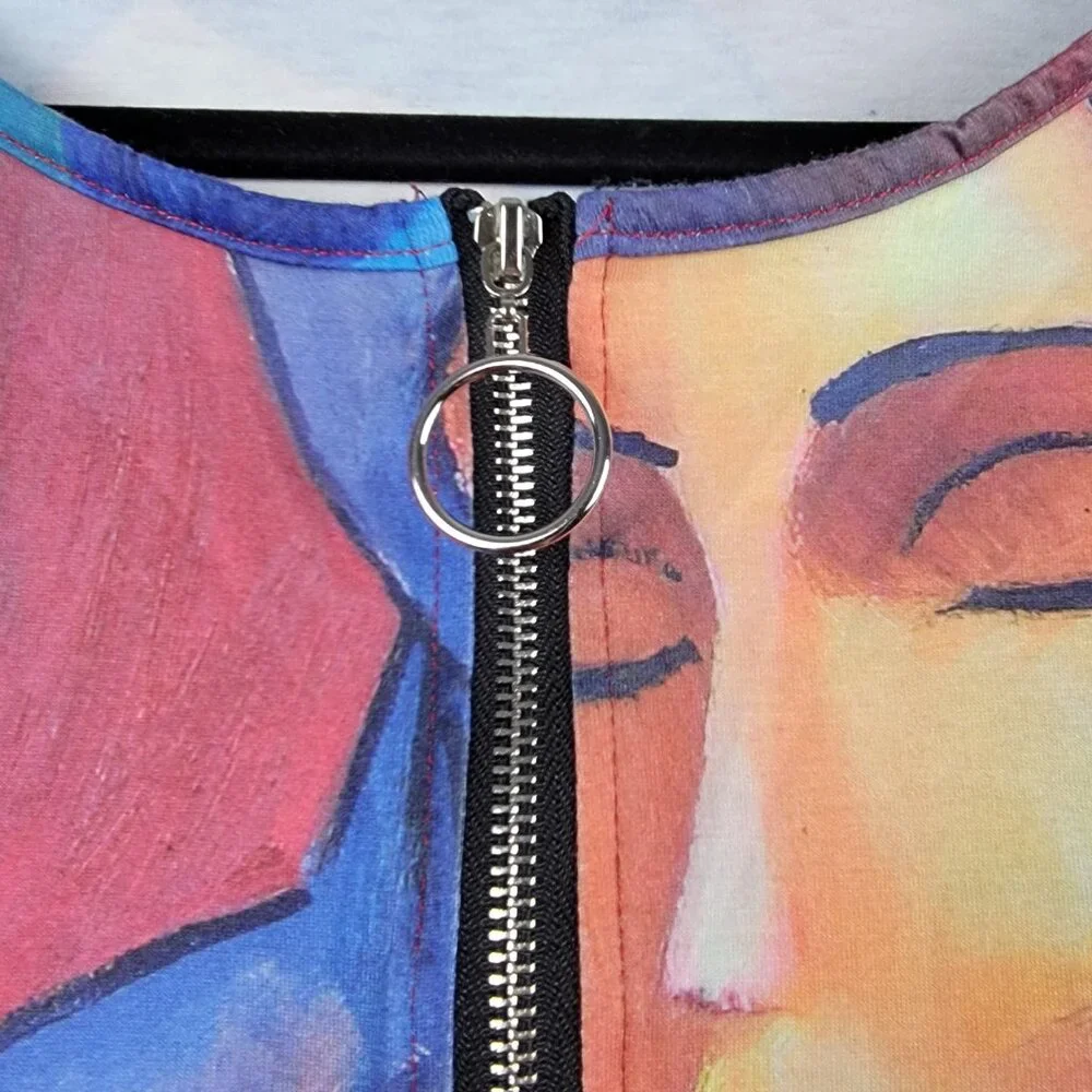 Casual Tunic Top with Abstract Cat Print Long Sleeves Zipper Closure - S - Picture 4 of 8